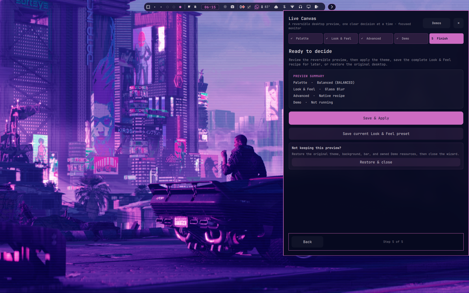Omagen Live Canvas finish screen over a neon city wallpaper