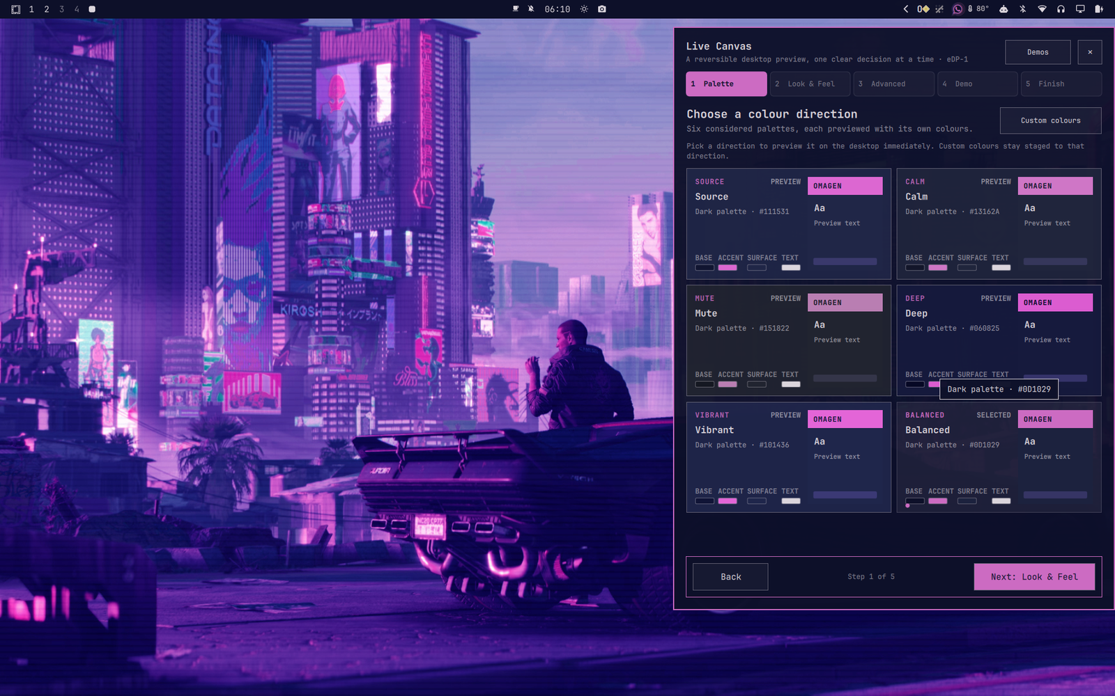 Omagen palette selection with six generated directions